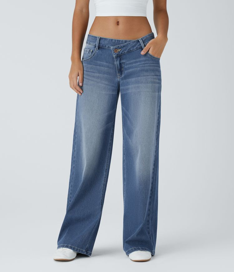 Women’s Halara Flex™ Asymmetric Low Rise Zipper Pockets Baggy Wide Leg Washed Casual Jeans - ... | HALARA