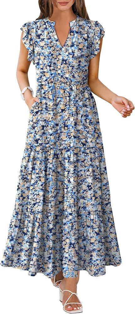 ANRABESS Womens Summer Dress Ruffle Sleeve V Neck Vacation Maxi Dresses | Amazon (US)