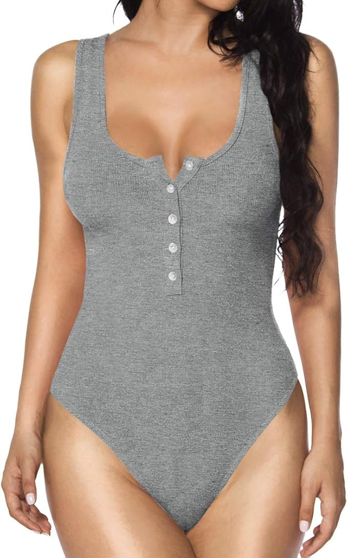 MANGOPOP Women's Scoop Neck Button Down Ribbed Sleeveless Tank Top Long Sleeve Bodysuits Jumpsuit... | Amazon (US)