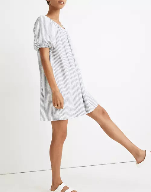 Linen-Blend Puff-Sleeve Trapeze Mini Dress in Railroad Stripe | Madewell