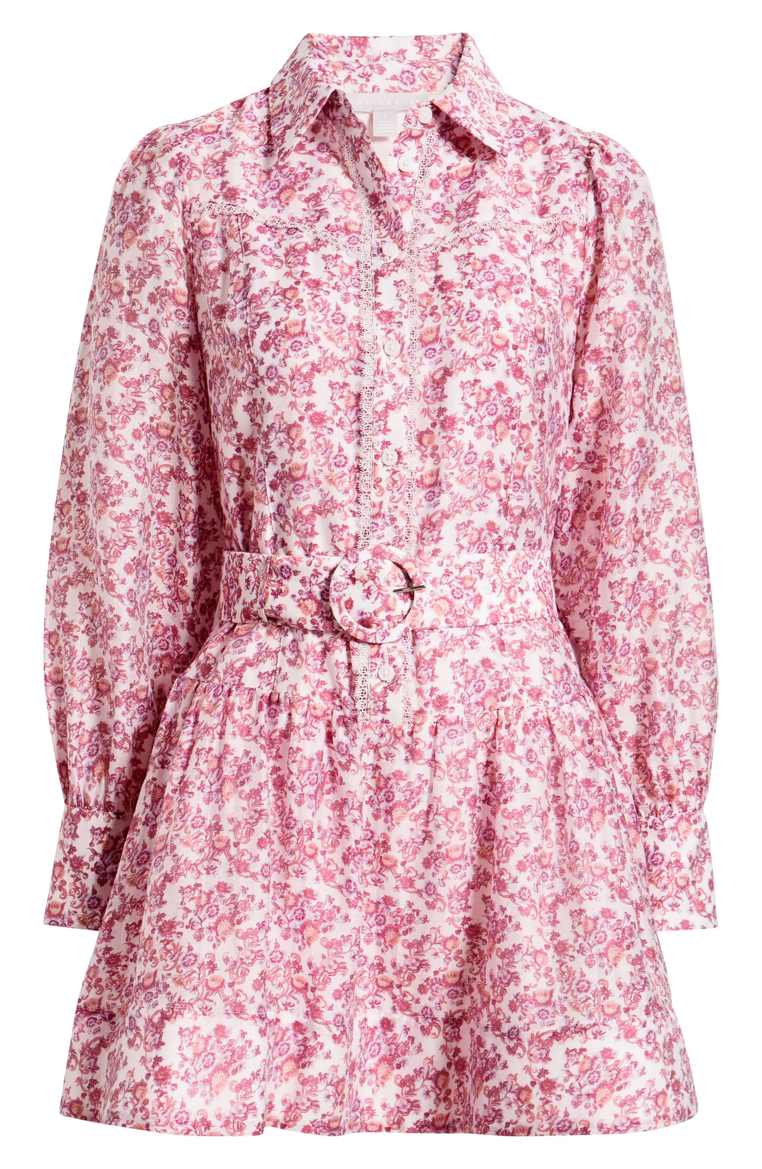 Lace Trim Belted Long Sleeve Mini Shirtdress | Nordstrom