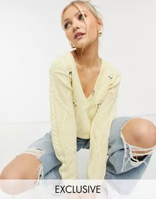 Reclaimed Vintage inspired cable cardi with floral embroidery in lemon | ASOS (Global)