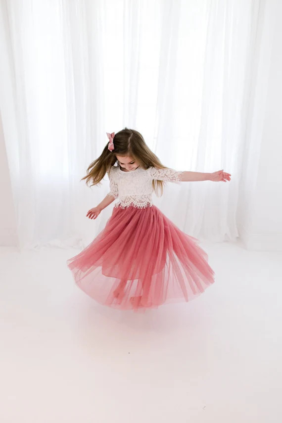 Dusty Rose Mauve Tulle Two Piece Skirt, White Lace Flower Girl Dress, Boho Beach Wedding, Buttons... | Etsy (US)