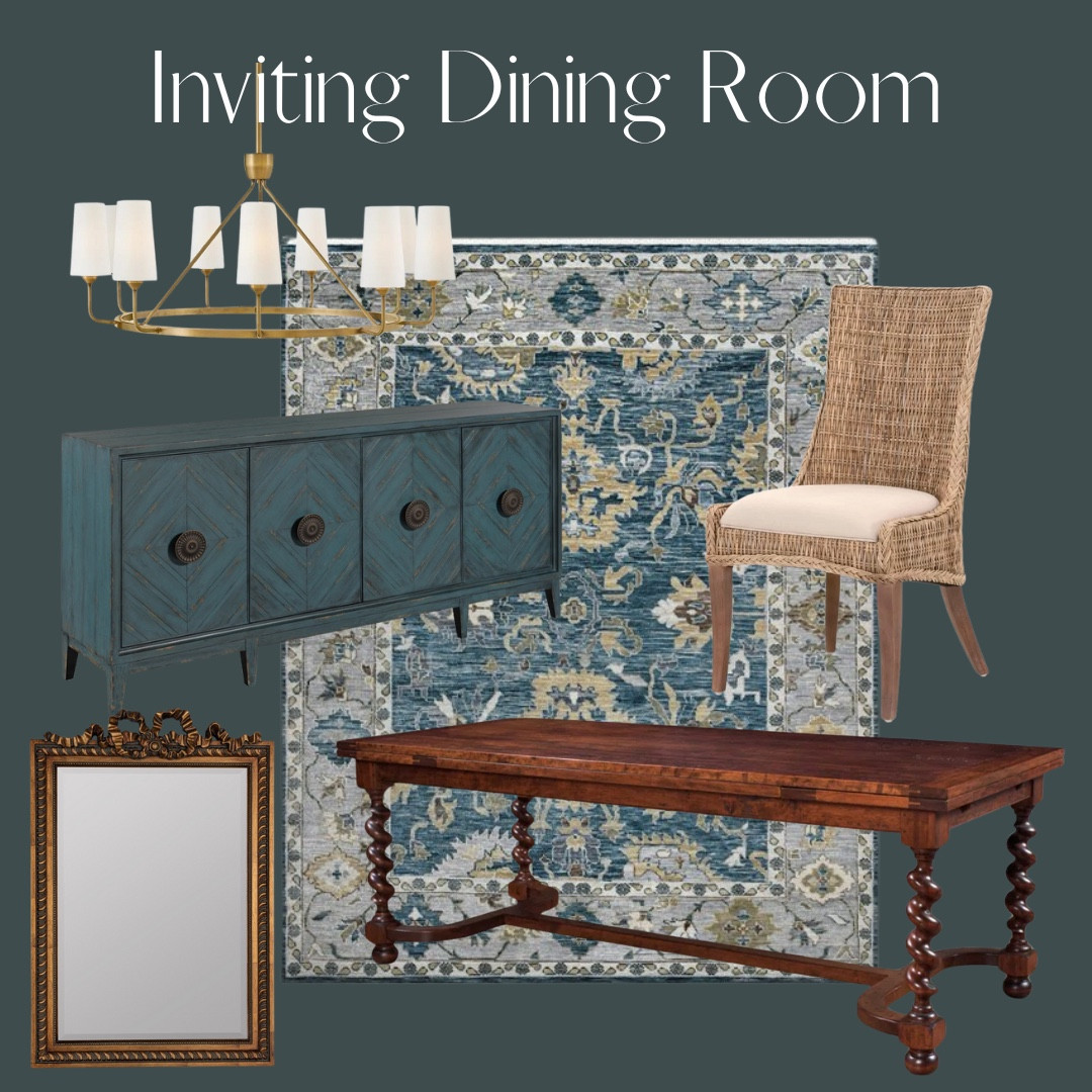 Inviting and comfortable dining room with a look for less option.  Dark blue tones, dark wood table, unique buffet and sea grass chairs make this look unexpected and cozy. 

Moody dining room, blue dining room. 

#LTKhome