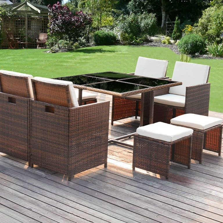 Lacoo 9 Pieces Patio Conversation Sets Wicker Rattan Dining Sets Tempered Glass Table Cushioned C... | Walmart (US)