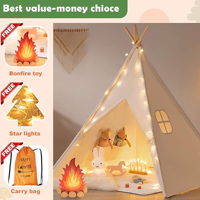 Kids-Teepee-Tent with Lights & Campfire Toy & Carry Case, Natural Cotton Canvas Toddler Tent - Wa... | Amazon (US)