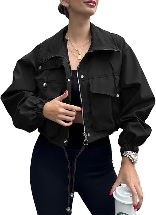 Tankaneo Womens Cropped Jacket Zip Up Lightweight Oversized Utility Anorak | Amazon (US)