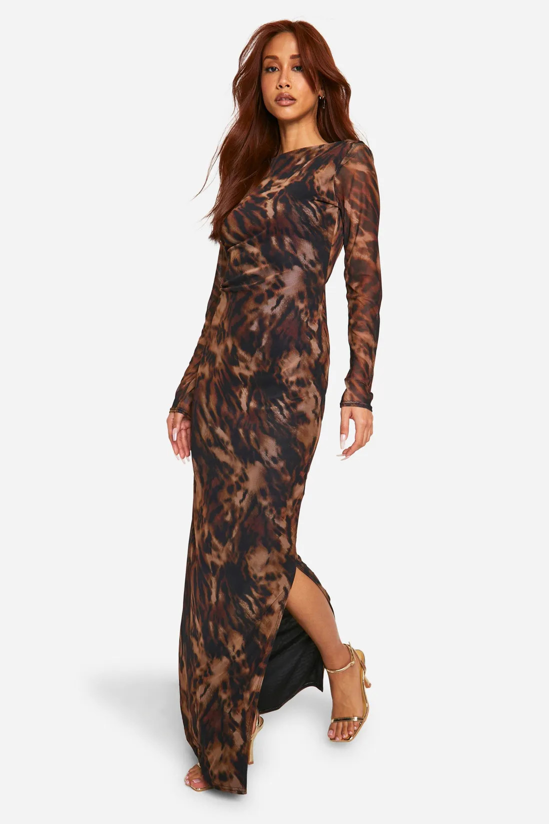 Leopard Mesh Low Scoop Back Maxi Dress | boohoo (US & Canada)