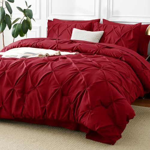 CozyLux Queen Comforter Set Dark Red, 7 Pieces Pintuck Bed in A Bag, Premium Red Comforter Queen Size, Pinch Pleat Bedding Sets with Comforter, Sheets, Pillowcases & Shams | Amazon (US)