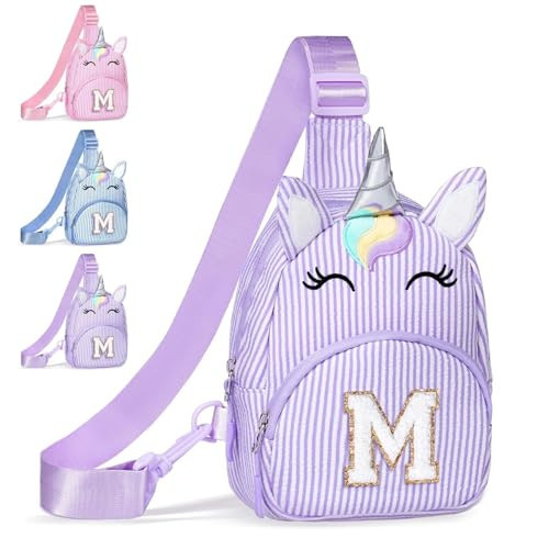 COSHAYSOO Purple Unicorn Little Girls Purse 3 4 5 6 7 8 Year Old Girl Birthday Gifts Flower Girl Gift Ideas, Kids Cross Body Sling Bag Summer Camp Vacation Travel Accessories Initial Monogram Letter M | Amazon (US)
