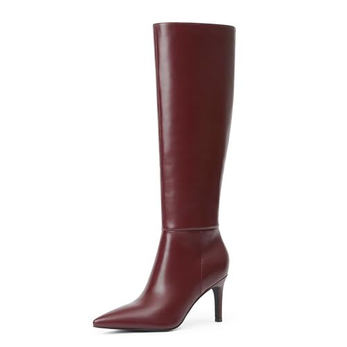 Easyfox Tall Burgundy Boots for Women Zipper Burgundy Knee High Boots Pointed Toe 3 In Stiletto Heels Long Fall Boot Size 9 | Amazon (US)