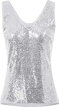 Women's Sleeveless Sparkle Sequin Tops V-Neck Cami Sexy Club Tank Top | Amazon (US)