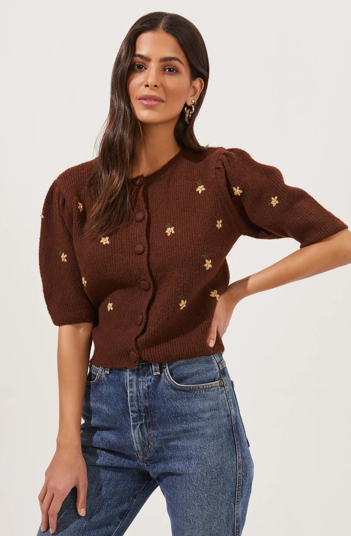 Valeria Flower Embroidered Short Sleeve Cardigan | ASTR The Label (US)