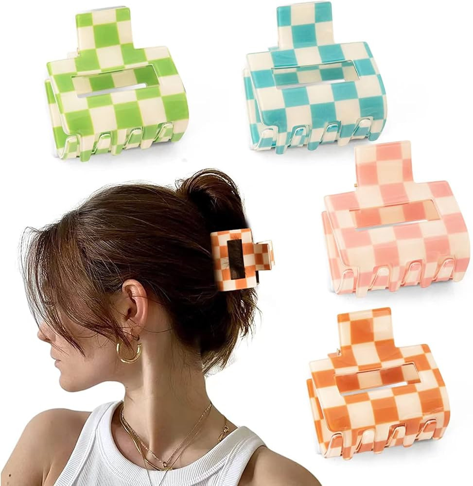 4 PCS Checkered Hair Clips (1.9 x 1.9 x 1.4 inches) for Thin or Thick Hair - Y2K Colors - Nonslip... | Amazon (US)