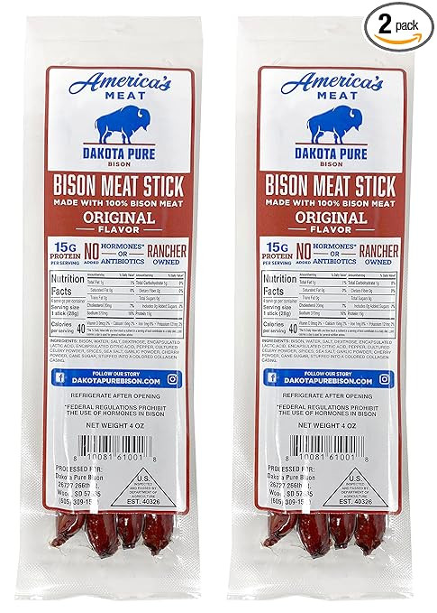 Dakota Pure Bison Meat Stick Pack of 2 (8 Meat Sticks) Original Bison Jerky Sticks - Hormone and ... | Amazon (US)