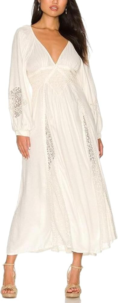 Women's V Neck Lace Patchwork Boho Cutout Loose Swing Long Sleeve Tie Waist Cocktail Wedding Part... | Amazon (US)