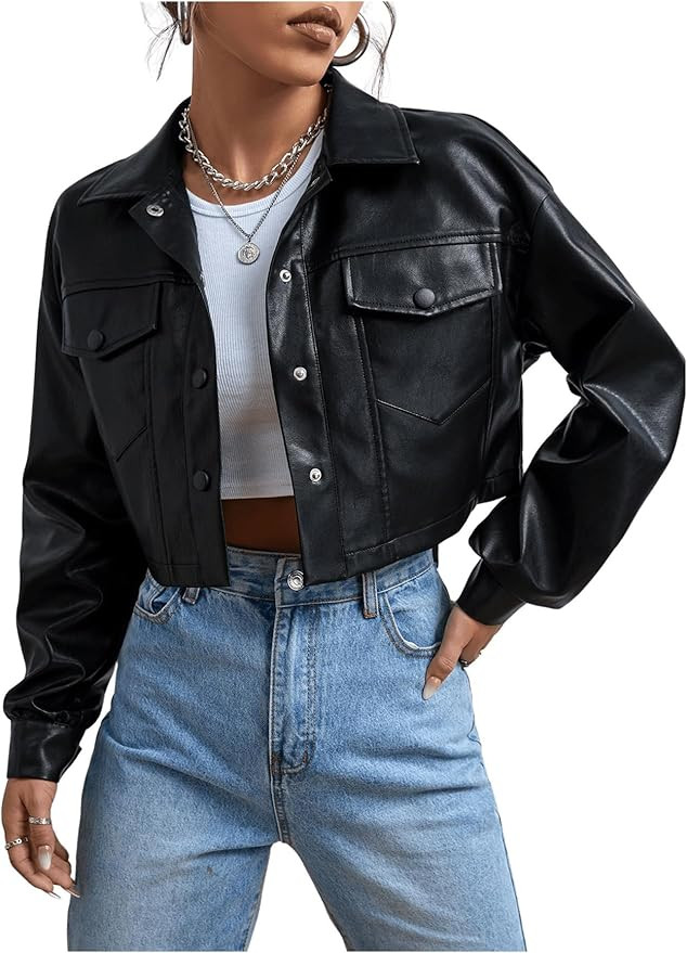 MakeMeChic Women's Faux Leather Crop Jacket Button Down Pocket Cropped Motorcycle Jacket | Amazon (US)