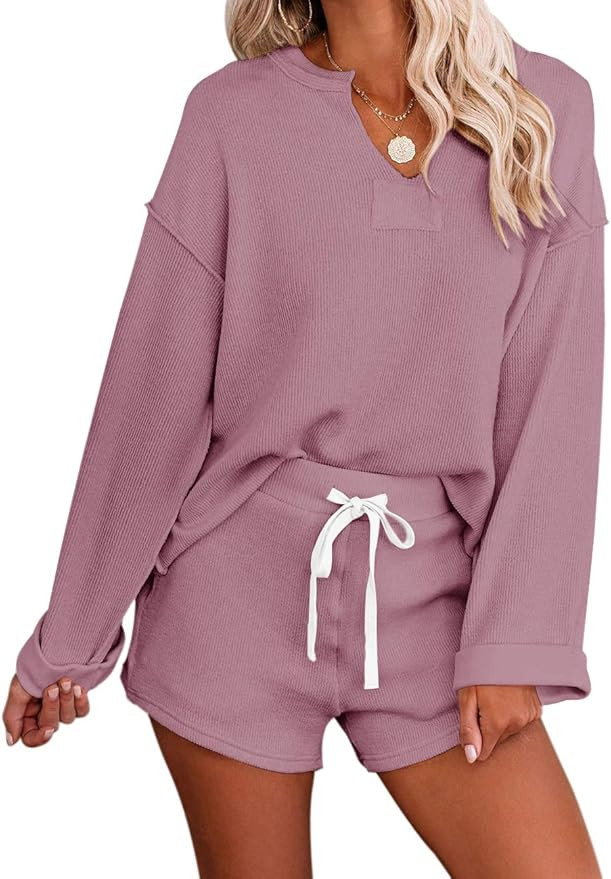 MEROKEETY Women's Long Sleeve Pajama Set Henley Knit Tops and Shorts Sleepwear Loungewear | Amazon (US)