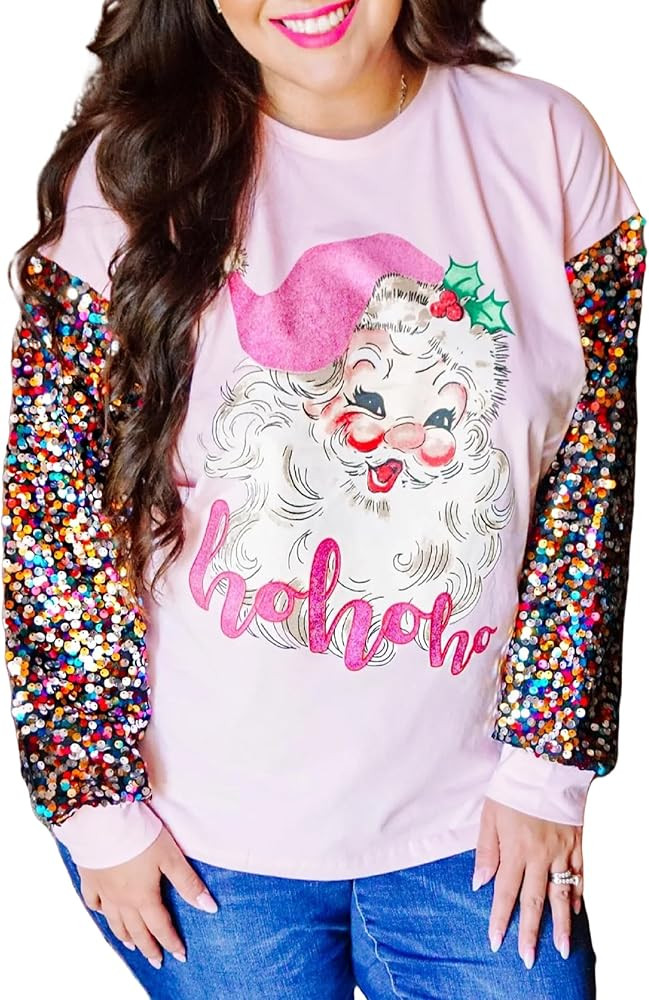 UAURORAO Christmas Sequins Sweatshirts Women Glitter Patch Crewneck Pullover Tops Sparkly Printed... | Amazon (US)