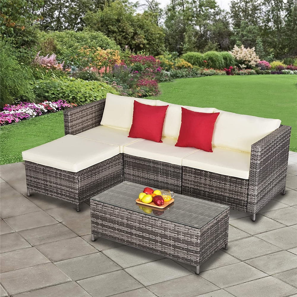 5 Pieces Outdoor Patio Furniture Set, All-Weather Outdoor Small Sectional Patio Sofa Set, Wicker ... | Walmart (US)