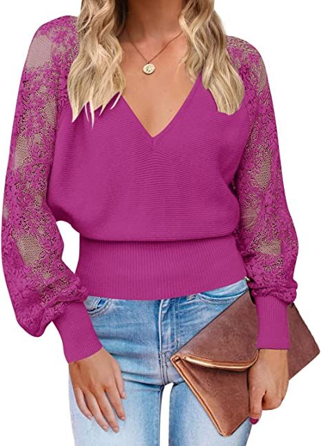 MEROKEETY Women's V Neck Lace Long Sleeve Ribbed Knit Sweater Solid Color Pullover Tops at Amazon... | Amazon (US)