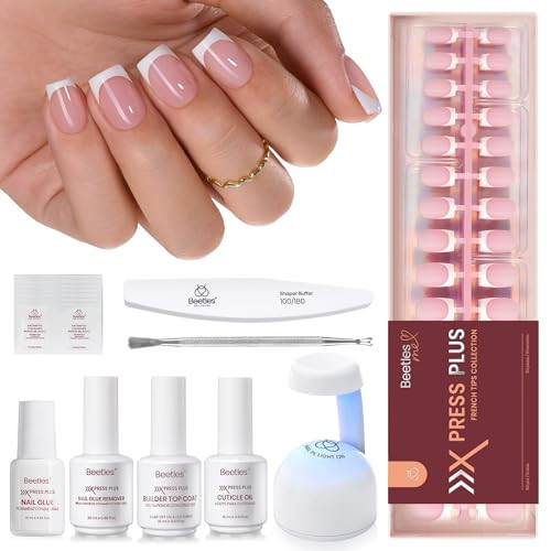 Beetles X Press Plus Gel Nails Kit - Glow French | Pink Short Square French Tip Press On Nails | 150Pcs 15 Sizes All-in-One Kit With Nail Glue,Remover,Builder Top Coat,Nail Lamp Gift For Women | Amazon (US)