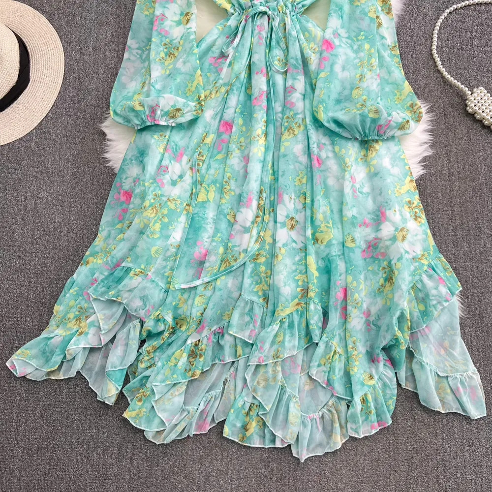 Casual Dresses Chic For Women 2024 Floral Lantern Sleeve Vestidos Femininos Ruffles Stand Collar ... | DHGate