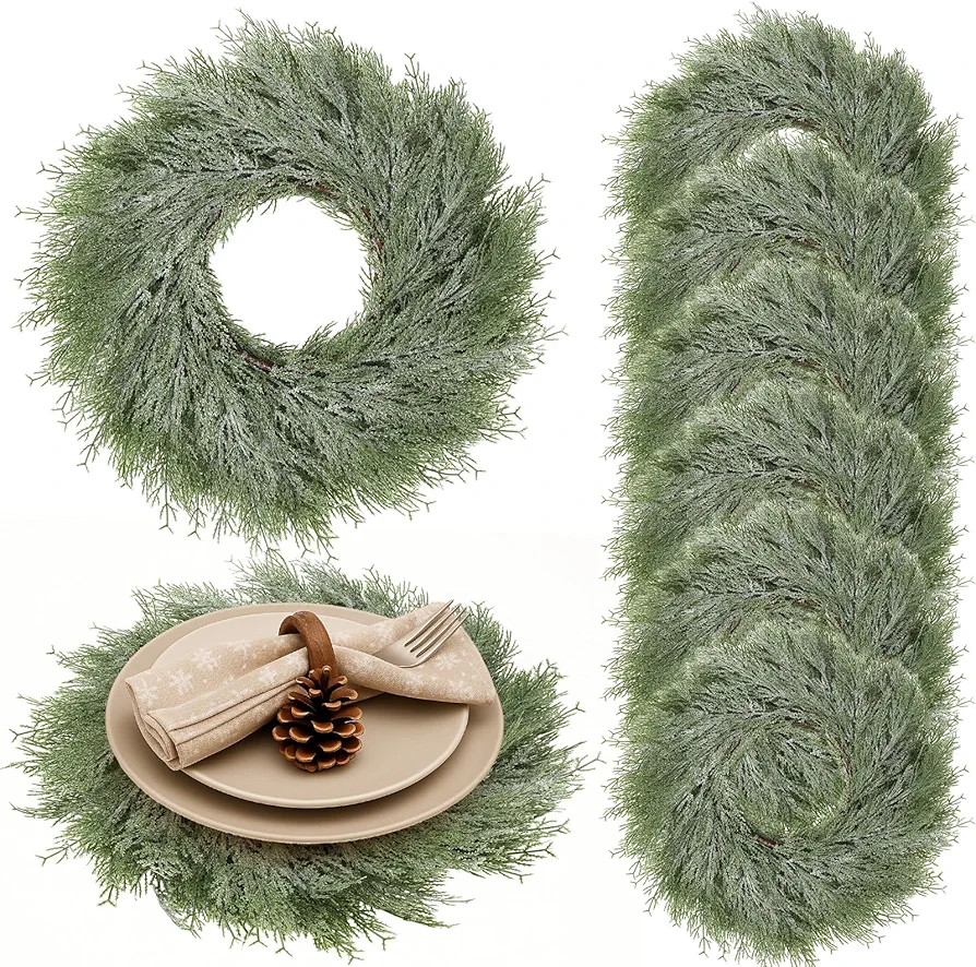 Christmas Placemats Set of 6 Round Greenery Place Mats Xmas Circular Artificial Wreath Dining Tab... | Amazon (US)