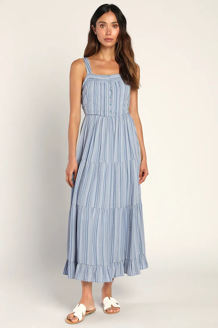 Bound for Barcelona Blue Striped Tiered Button-Front Midi Dress | Lulus (US)