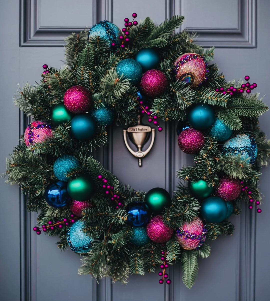 Handcrafted Christmas Pine Wreath With Purple, Pink and Turquoise Ornaments Unique Door Decoratio... | Etsy (US)