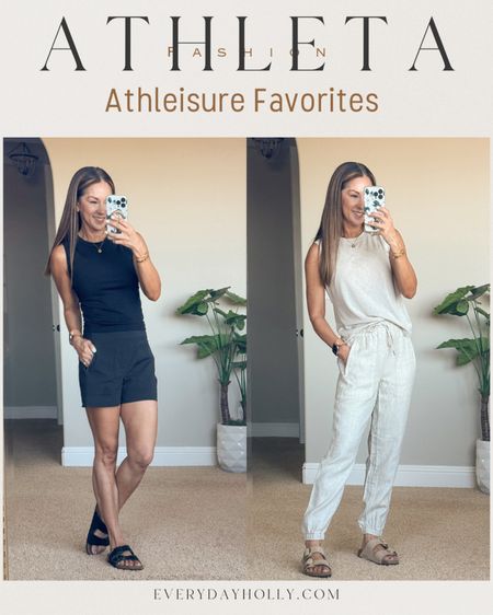 Sale alert on some of my favorite Athleta pieces! High waisted linen joggers  that come in regular, petite, and tall. Wearing the XXS petite. 
 Trekkie shorts that are perfect for Summer 0. 
Muscle tank size extra small and seamless muscle tank ribbed small 
Travel outfit, summer outfit, athleisure, linen joggers, hiking shorts, Summer tanks,

#LTKOver40 #LTKTravel #LTKSaleAlert