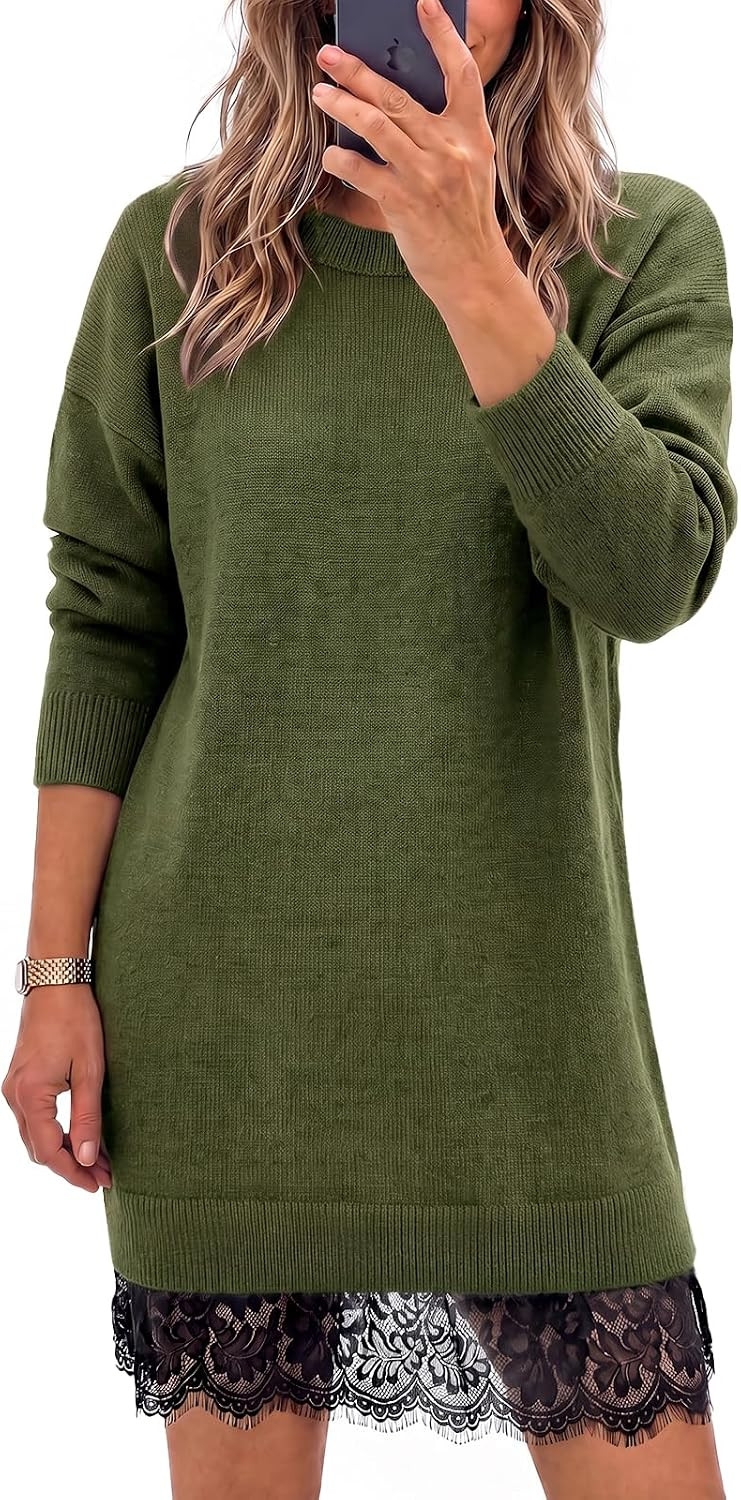 Wenrine Womens Fall Long Sleeve Lace Casual Knit Sweater Mini Dress | Amazon (US)