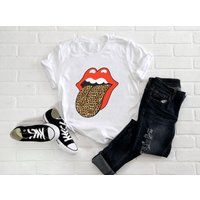 Leopard Print Red Lips Shirt - Tongue T-Shirt Cheetah Kiss Rock Band Inspired Women Graphic Tee Rock | Etsy (US)