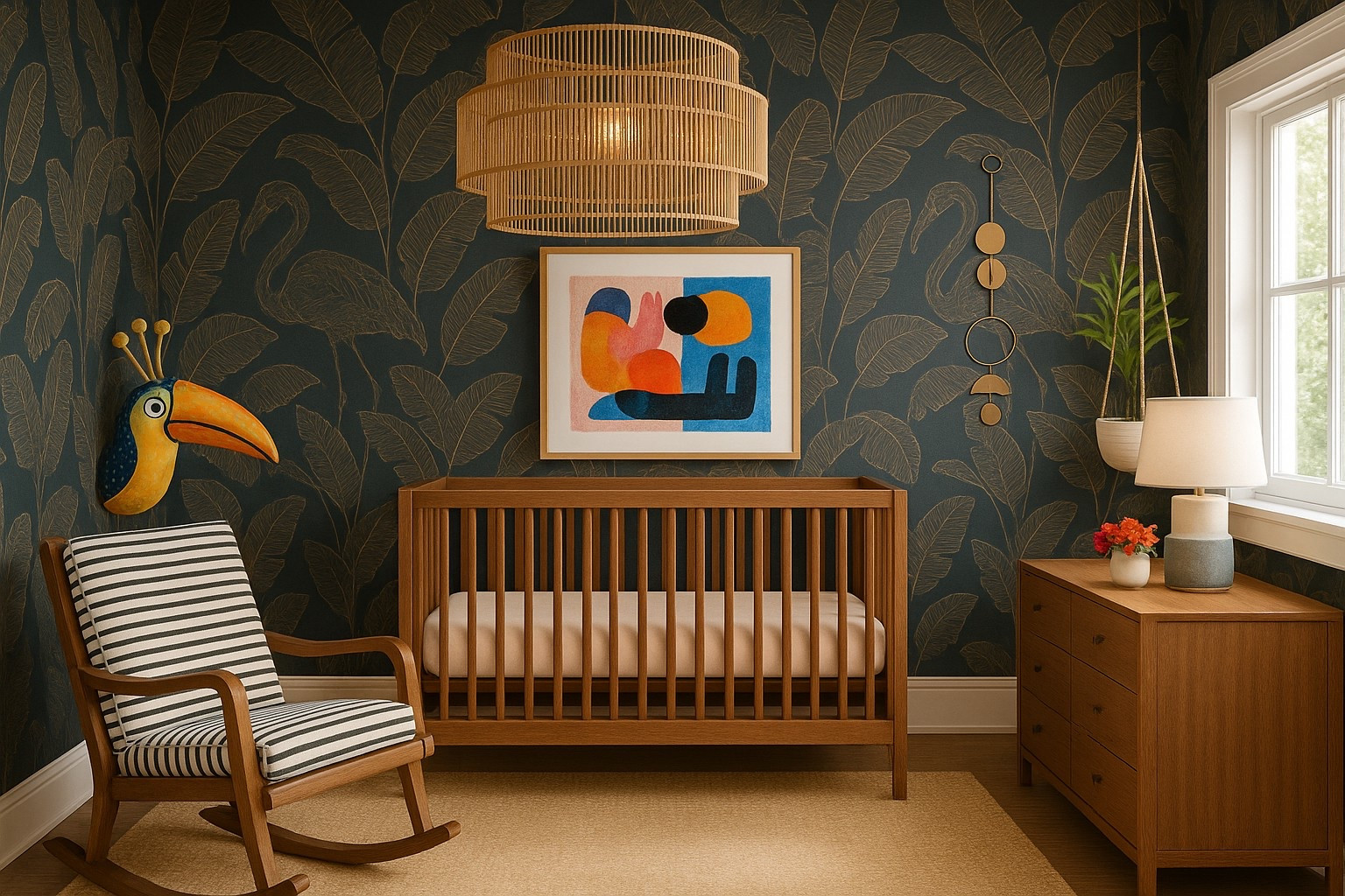 A tropical twist on modern nursery design!
This cozy space blends rich navy wallpaper with playful golden leaves and flamingos, paired perfectly with warm wood tones, a whimsical toucan, and cheerful art in pink, orange, and blue. A bold yet soothing retreat for your little one to grow and dream!

#LTKKids #LTKStyleTip #LTKBaby