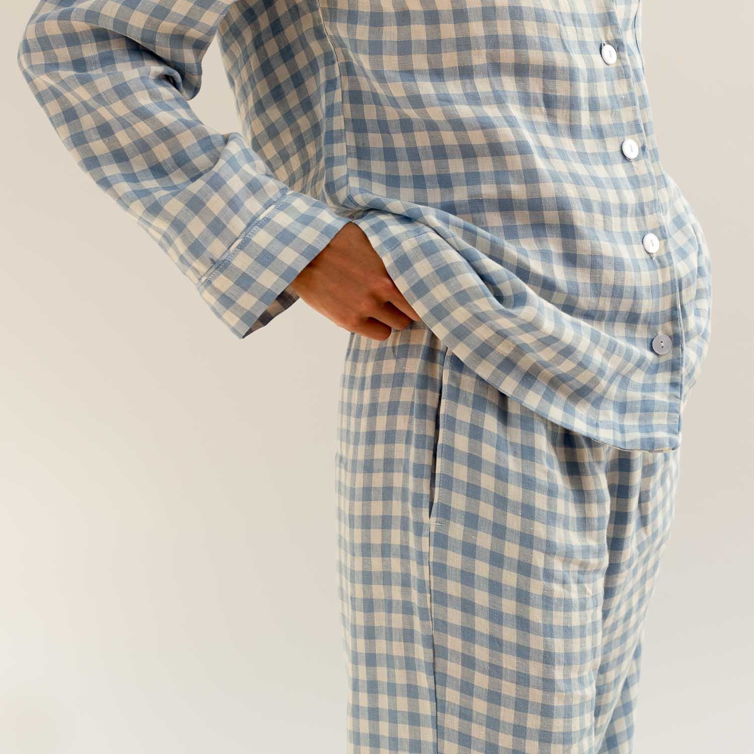 Warm Blue Gingham Linen Pajama Pants | Piglet