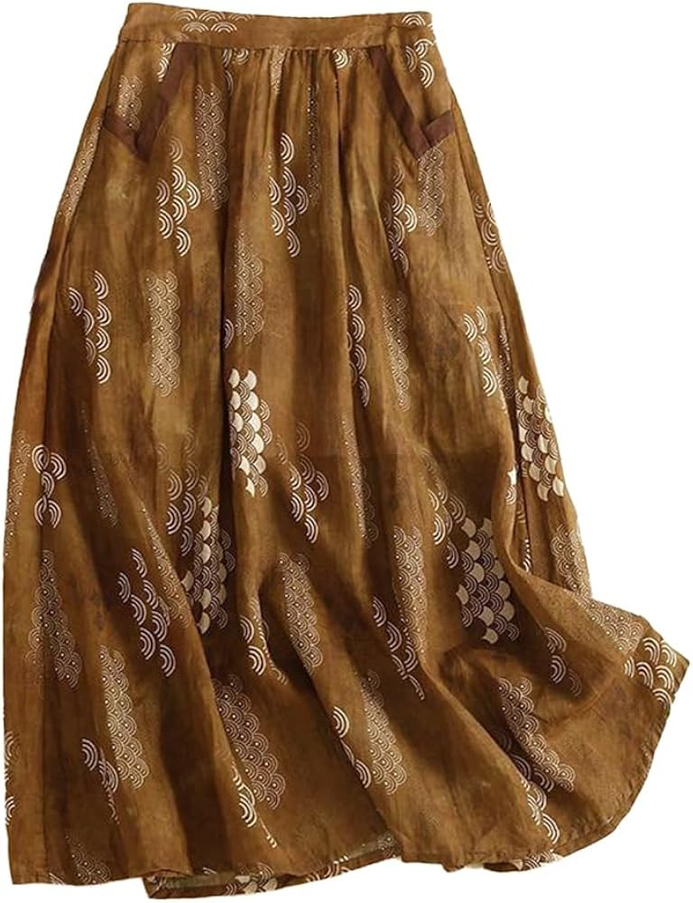 Womens Cotton Linen Skirts Summer Casual High Waisted VintagePrinted Pattern Midi Skirt | Amazon (US)
