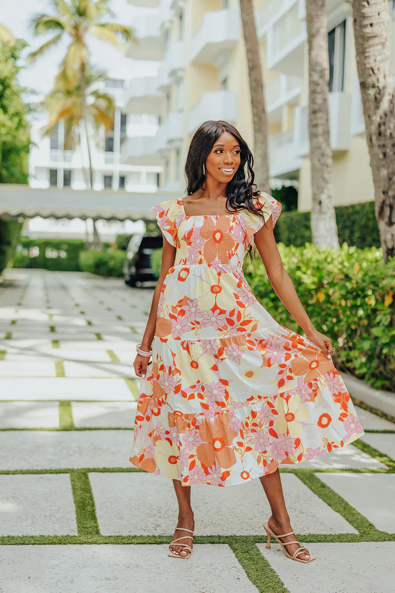 BuddyLove | Brynn Ruffle Shoulder Midi Dress | Arboretum | BuddyLove