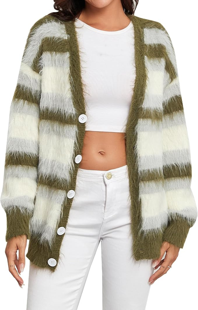 Women's Y2K Color-Block Striped V Neck Button Down Open Front Cardigan Sweater | Amazon (US)