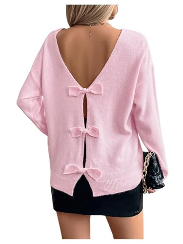 BEAUDRM Women's Bow Sweater Long Sleeve Backless Knit Sweater Crew Neck Pullover Tops Pink Medium | Amazon (US)