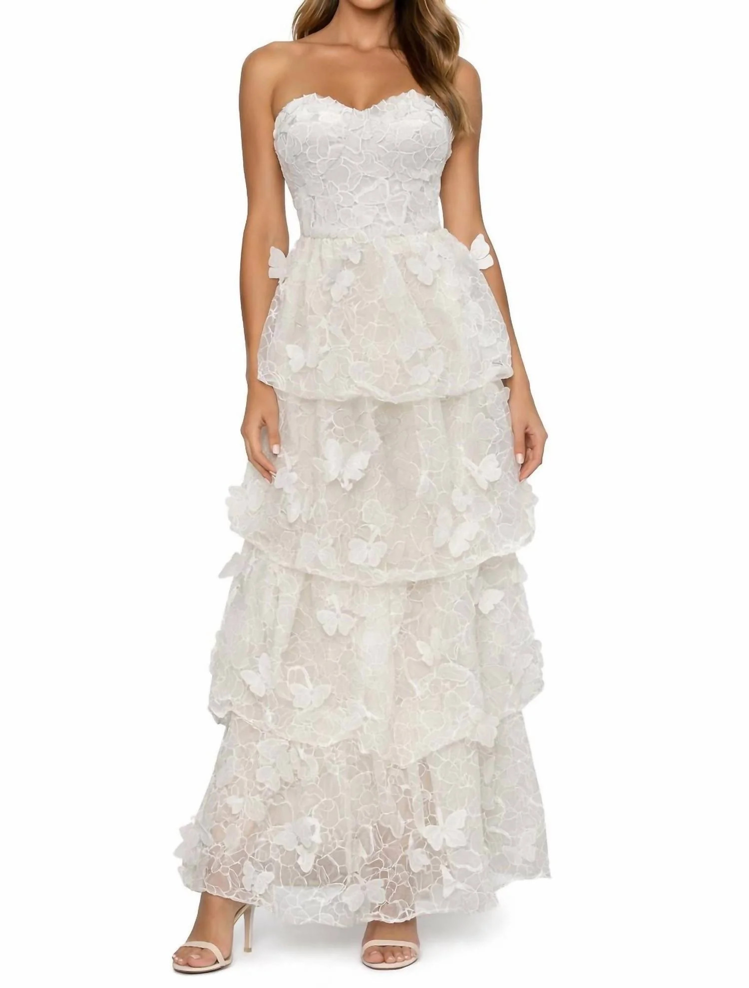 3D Butterfly Strapless Tiered Gown In White | Shop Simon