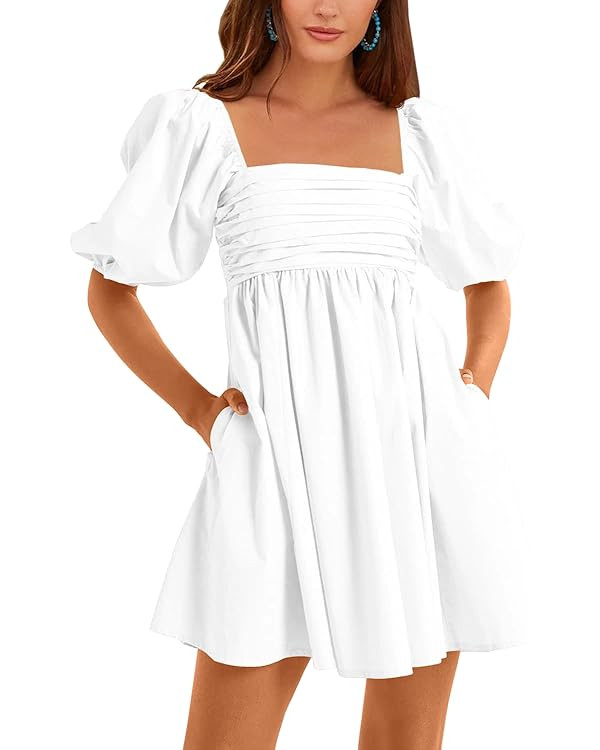 Ebifin Womens Square Neck Dresses Half Puff Sleeve High Waist A-Line Casual Backless Smocked Shor... | Amazon (US)