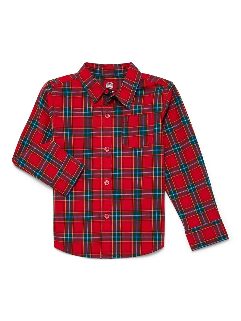 Wonder Nation Toddler Boys' Plaid Button Up Shirt with Long Sleeves, Sizes 12M-5T - Walmart.com | Walmart (US)