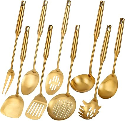 Gold Kitchen Utensils Set, Standcn 9 PCS 304 Stainless Steel All Metal Cooking Tools with Meat Fo... | Amazon (US)