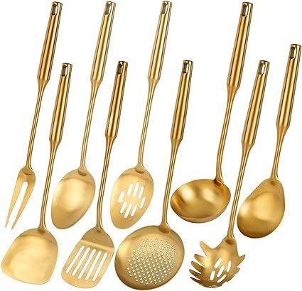 Gold Kitchen Utensils Set, Standcn 9 PCS 304 Stainless Steel All Metal Cooking Tools with Meat Fo... | Amazon (US)