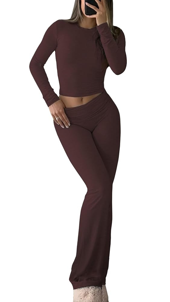 Women's 2 Piece Casual Pajama Set-Slim Fit Long Sleeve Top Low Rise Bell Bottoms-Versatile Yoga L... | Amazon (US)