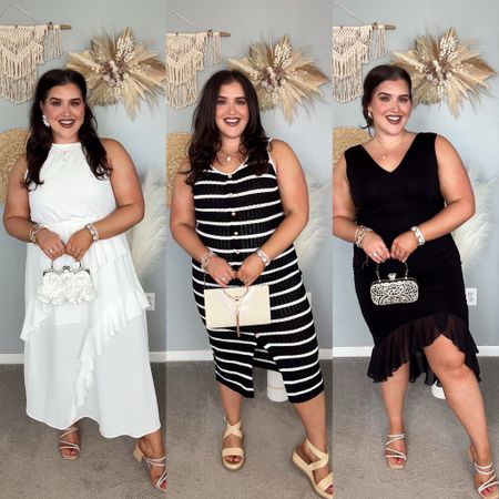 Neutral dresses for different occasions 🖤✨ Bridal white maxi high neck dress, striped button up dress, little black mermaid midi dress all size XL  

#LTKstyletip #LTKwedding #LTKmidsize