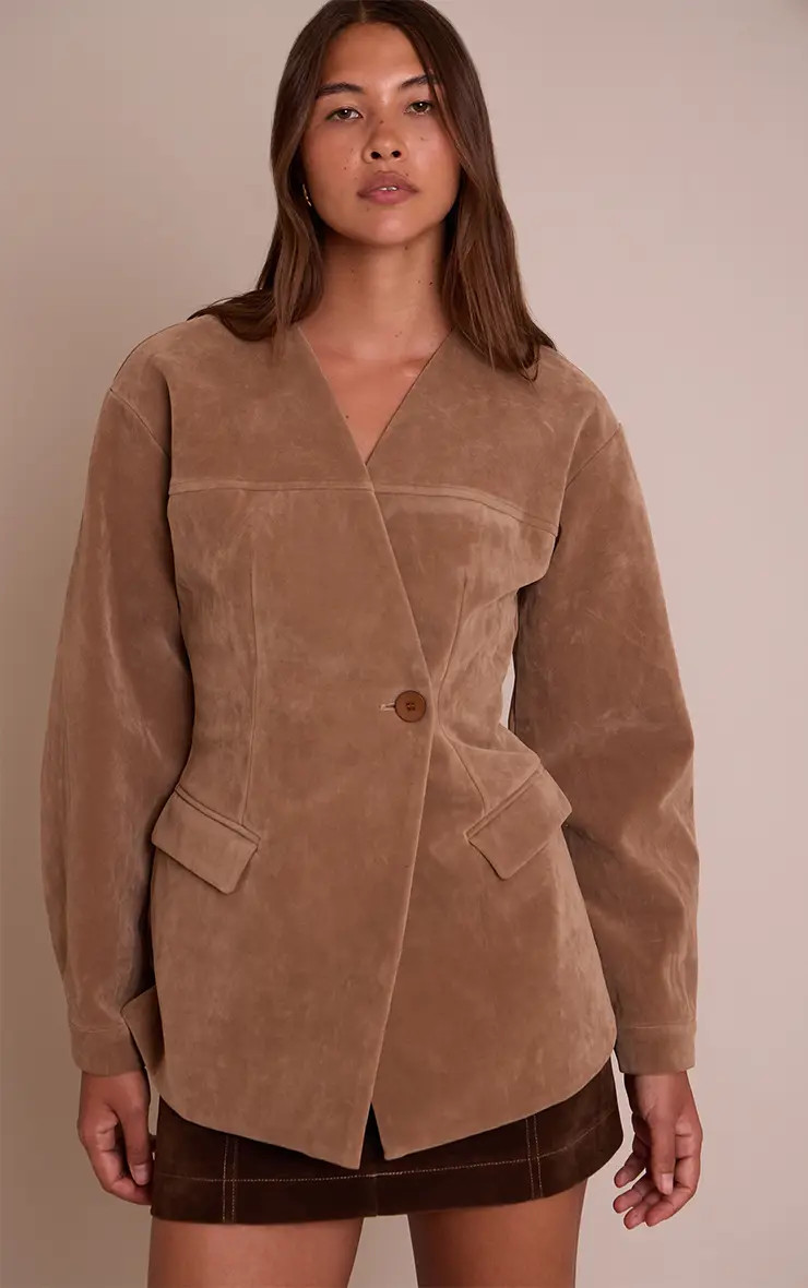 Sand Faux Suede Asymmetric Blazer | PrettyLittleThing US