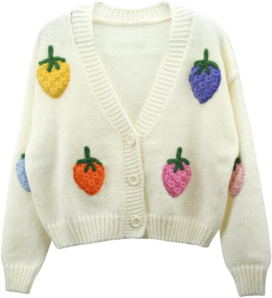 HOULENGS Women's Strawberry Print Button Down Long Sleeve V Neck Crop Cardigan Sweater | Amazon (US)