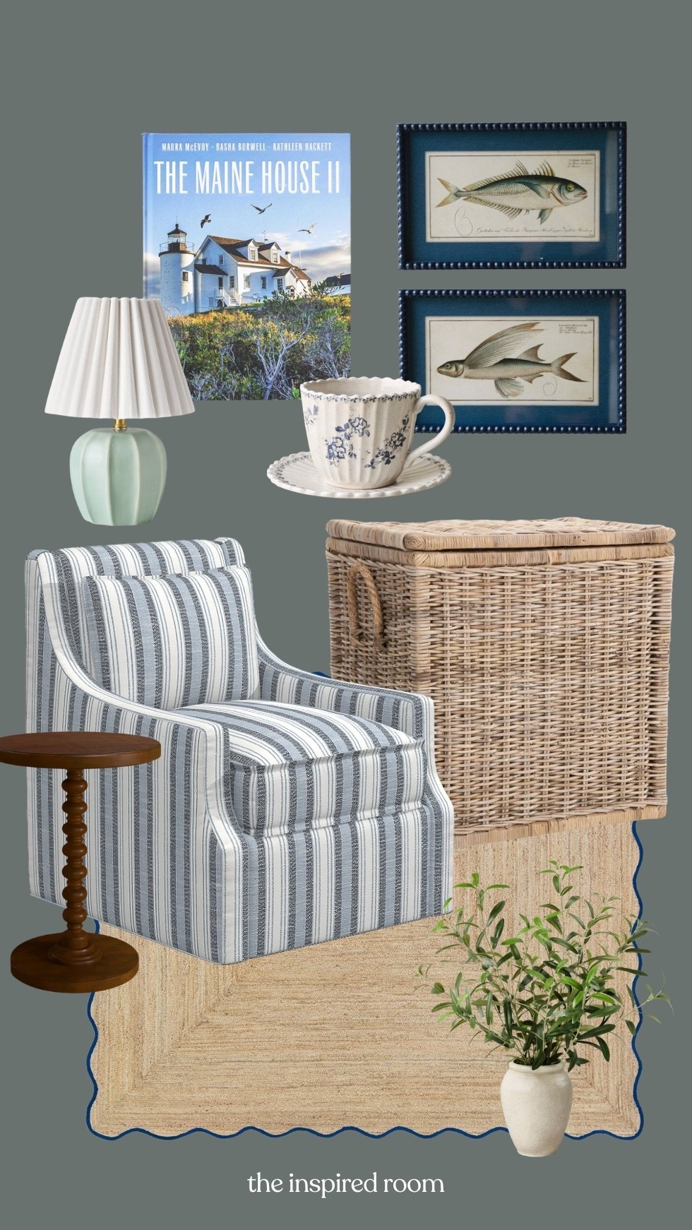 Coastal cottage living room mood board - blue striped chair, wood spindle side table, jute scalloped edge rug, rattan trunk, navy fish framed art, blue and white floral teacup, Maine coffee table book, blue green table lamp with pleated shade, olive leaf plant 

#LTKSeasonal #LTKSaleAlert #LTKHome