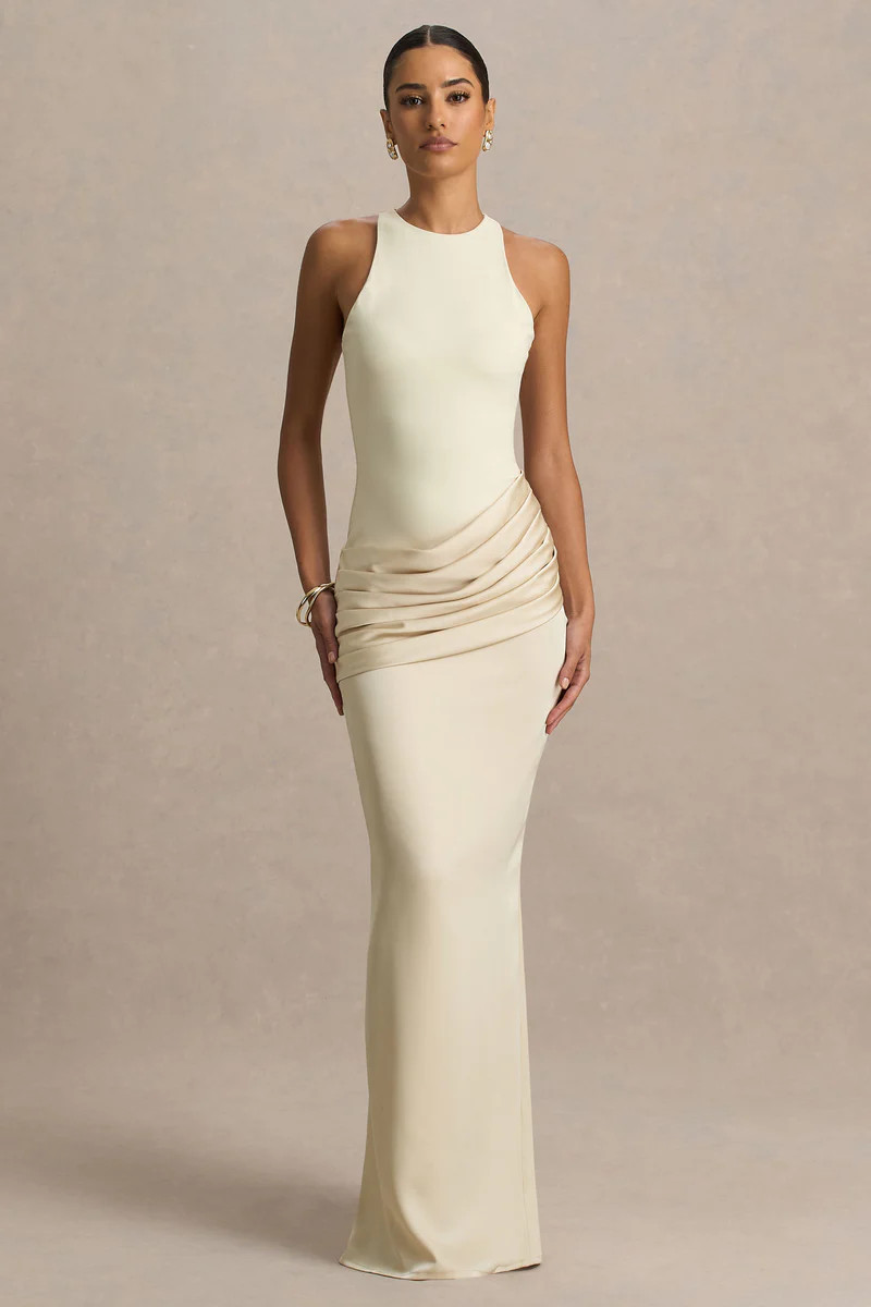Akari  Champagne High-Neck Maxi Dress With Satin Skirt | Club L London